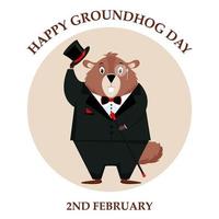 feliz dia de la marmota. diseño de un divertido y lindo personaje de marmota para el diseño de pancartas, sitios web, estampados de tela, pegatinas, íconos. estilo de dibujos animados de vectores. vector