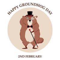 Happy Groundhog Day. Design of a funny and cute groundhog character for the design of banners, websites, fabric prints, stickers, icons. Vector cartoon style.