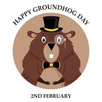Happy Groundhog Day. Design of a funny and cute groundhog character for the design of banners, websites, fabric prints, stickers, icons. Vector cartoon style.