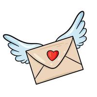 Flying closed envelope. Letter with heart and angel wings. Vector illustration with outline. For greeting cards, posters, prints on clothes, emblems, logos