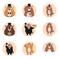 Happy Groundhog Day. Design of a funny and cute groundhog character for the design of banners, websites, fabric prints, stickers, icons. Vector cartoon style.