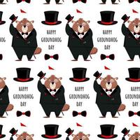 Happy Groundhog Day. Pattern of a groundhog in a tuxedo, top hat, bow tie, with a cane in his hand on a white background.Vector illustration. vector