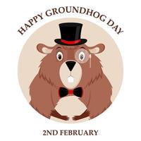 Happy Groundhog Day. Design of a funny and cute groundhog character for the design of banners, websites, fabric prints, stickers, icons. Vector cartoon style.