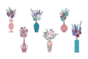 ramos de flores en jarrones conjunto de vectores. colección plana de jarras y jarrones de cerámica boho de moda con racimos de flores. elementos de diseño de interiores aislados vector
