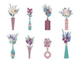Flowers in vases vector set. Flat collection of trendy boho ceramic  jugs and vases with bouquets of flowers. Interior design elements isolated