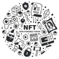 NFT non-fungible token set of vector icons in doodle style. Cryptocurrency and blockchain technology in the purchase of art, paintings, music and videos. Hand-drawn circular concept.