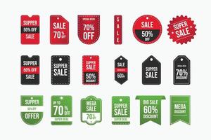 Super offer badge collection with green, black, and red color. Discount coupon set. Special offer sticker bundle. Super Sale badge collection. Mega sale tag vector. Big discount badge set. vector