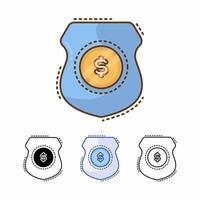 dinero seguro con icono de vector de escudo aislado sobre fondo blanco. proteger el dinero, la seguridad. línea rellena, contorno, sólido, azul, icono. los signos y símbolos se pueden usar para web, logotipo, aplicación móvil, ui, ux