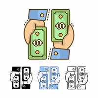 Transacción en efectivo con icono de vector de mano aislado sobre fondo blanco. dinero en efectivo. línea rellena, contorno, sólido, azul, icono. los signos y símbolos se pueden usar para web, logotipo, aplicación móvil, ui, ux