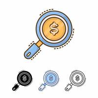 Search money vector icon isolated on white background. searching money. filled line, outline, solid, blue, icon. balance, finance. Signs and symbols can be used for web, logo, mobile app, UI, UX