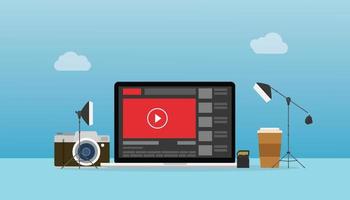 content creator concept with laptop and photography camera and lightning tools with modern flat style vector