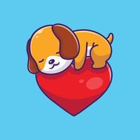 Lindo perro durmiendo en la ilustración de icono de vector de dibujos animados de corazón. concepto de icono de naturaleza animal vector premium aislado. estilo de dibujos animados plana