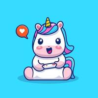 Ilustración de icono de vector de dibujos animados de juegos de unicornio lindo. concepto de icono de tecnología animal vector premium aislado. estilo de dibujos animados plana