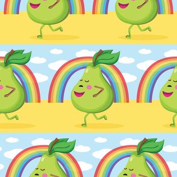 patrón sin costuras con pera de personaje de dibujos animados corriendo en la calle. vector