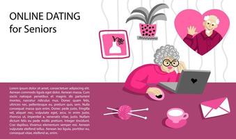 Online dating for seniors. Grandma and grandpa are calling on the computer through a video call. Parents chat with each other on Valentine's Day. Date online on a dating site vector
