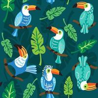 Toucans sit on the branches of trees in the foliage. Tropical seamless pattern. Jungle background. vector