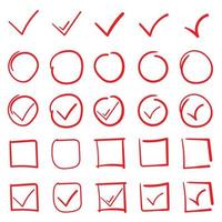 Set of hand drawn highlight red circles and check mark icons. Free Vector