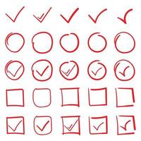 Set of hand drawn highlight red circles and check mark icons. Free Vector