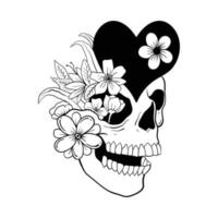 hand drawn style black and white flower skull illustration premium vector