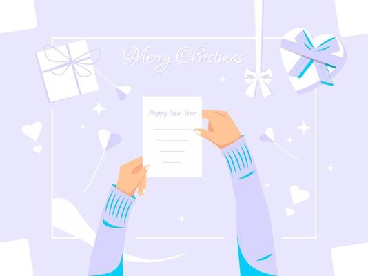 Merry Christmas text design concept. Hands holding happy new year' card. Used for web, posters, flyers. flat vector.
