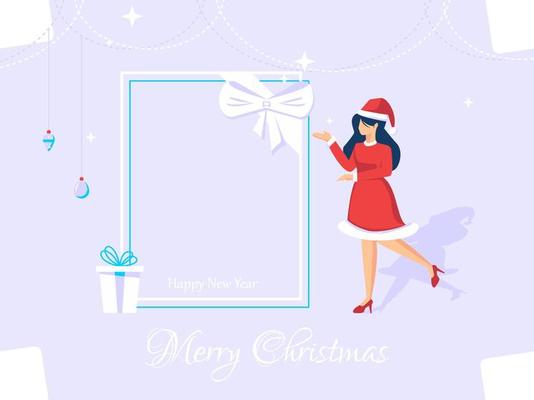 Social media design concept. New Year's Christmas greetings in blank frames. The woman holding the gift. used for web, posters, flyers. flat vector.