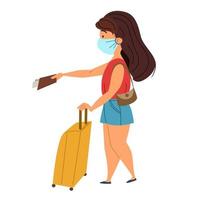 girl with a suitcase and a mask gives her passport and tickets. vector