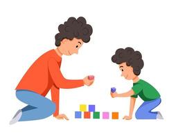 personajes para el día del padre. padre e hijo juegan juntos con dados, construyen un castillo. vector