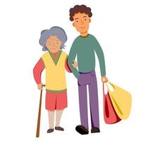 The son carries bags with the elderly mother. vector