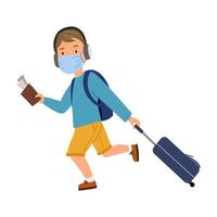 a man with a suitcase in a mask hurries to his transport, plane. vector