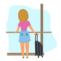 A girl with a suitcase and a mask is waiting for her transport. View from the back. vector