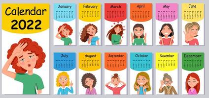 Vertical wall calendar design template for 2022. A set of cartoon-style emoticon stickers. vector