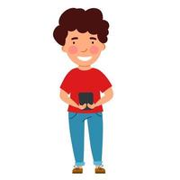 a curly-haired, smiling boy stands and holds his phone in his hands. vector