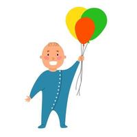 A small child holds colorful balloons in his hand. vector