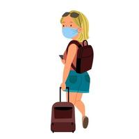 a blonde girl with a suitcase in a mask. View from the back. vector