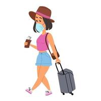 A girl with a suitcase and a mask and a hat is waiting for her transport. vector