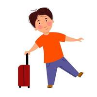 A dark-haired, cute boy is holding on to a suitcase. vector