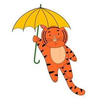 The symbol of 2022. A tiger flies with an umbrella. vector