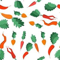 Bright vector seamless pattern of colorful carrots with tops.