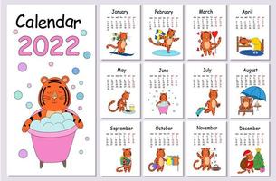 Wall calendar design template for the year 2022, the year of the Tiger according to the Chinese calendar in English. The week starts on Monday. vector