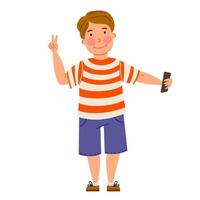 un chico rubio se toma una selfie con su teléfono. tecnología inalámbrica. vector
