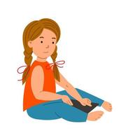 A girl with pigtails is sitting with a tablet. Wireless technology. vector