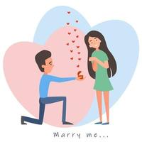 una postal de una pareja enamorada. el chico le propone matrimonio a la chica. día de san valentín, corazones, personajes de dibujos animados planos. vector