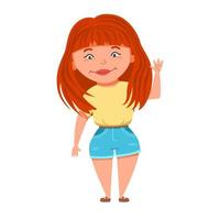 A light-skinned, red-haired girl in shorts waves. vector
