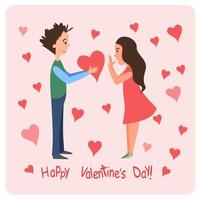 A postcard of a couple in love. Valentines Day, hearts, flat cartoon characters. vector