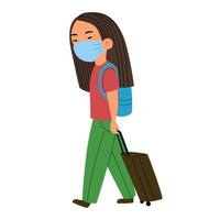 An Asian girl with a suitcase and a mask is waiting for her transport. vector