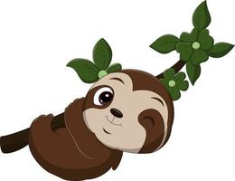 Cartoon funny baby sloth hanging on tree vector