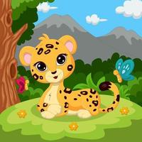 Cartoon cute baby leopard sitting in grass vector