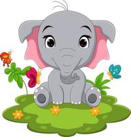 Cartoon cute baby elephant sitting in grass vector