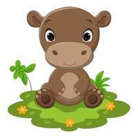 Cute baby hippo cartoon sitting in grass vector