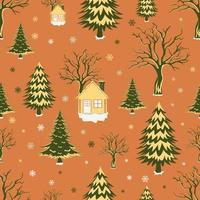 Christmas seamless pattern with trees and house vector